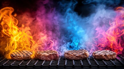 Grilled steaks surrounded by vibrant flames and colorful smoke, creating a dramatic cooking scene for food enthusiasts