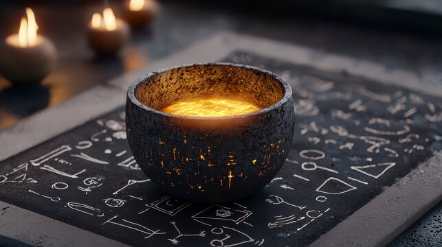 A mystical bowl of glowing liquid rests on an intricately carved stone tablet featuring ancient symbols and markings in a dimly lit room