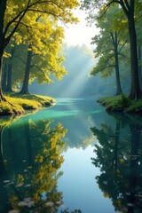 Fototapeta premium Water's surface reflected with trees peaceful surrounding, tranquil view, landscape photography, forest