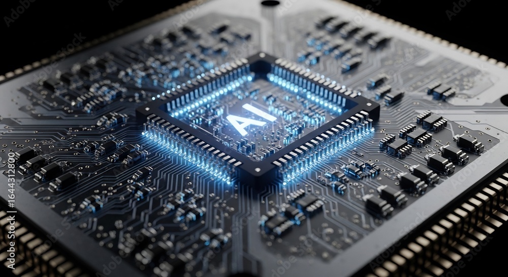 Poster vibrant blue ai processor on dark circuit board, symbolizing advanced computing and future technolog