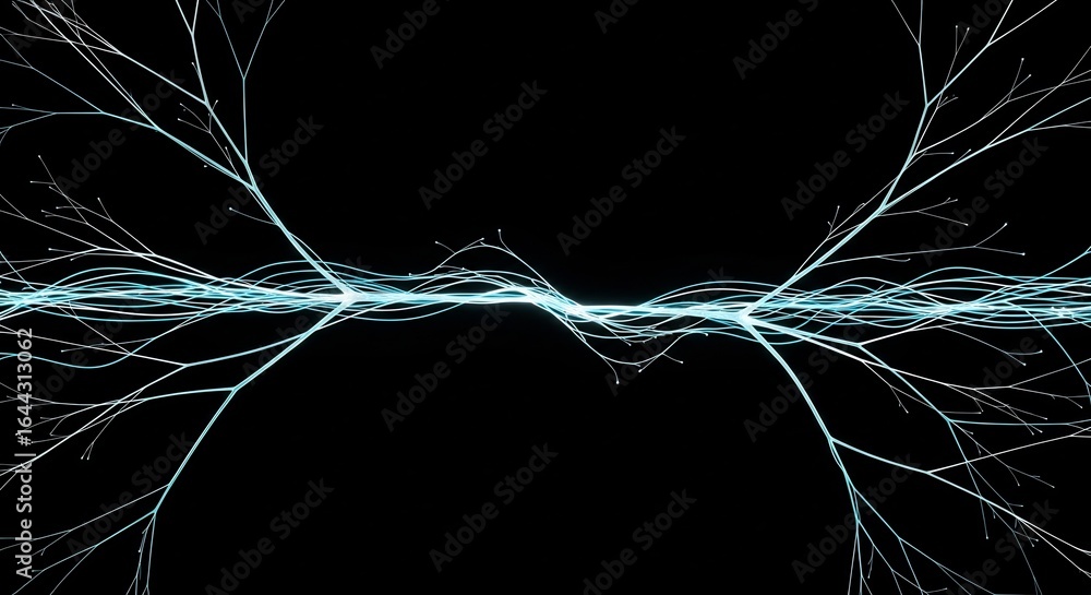 Poster abstract bioluminescent neural network branches on black background