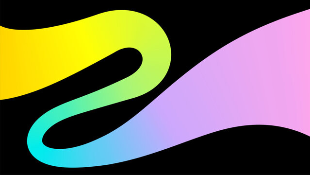 Rectangular background with abstract letter S, rainbow curve smooth line, neon gradient. Web banner with 3d swirled dynamic liquid colored ribbon, tape on black. Vector EPS10