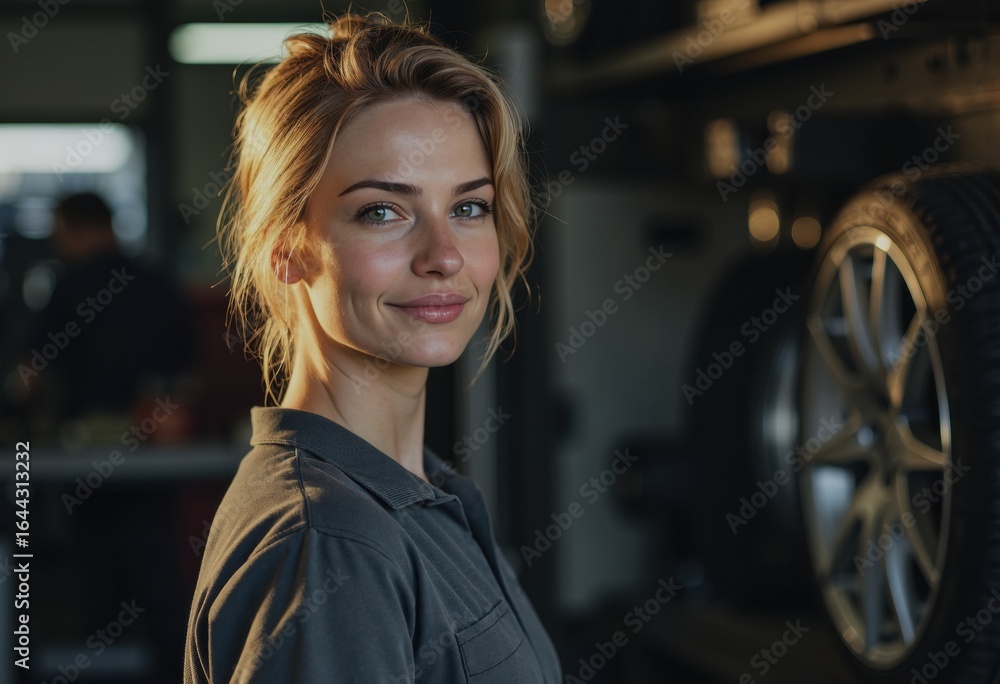 Aufkleber tire service technician smiling while operating balancing equipment in a workshop