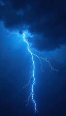 Electric stormy sky with blue lightning bolt illuminating dark clouds and heavy raindrops, rain, blue light