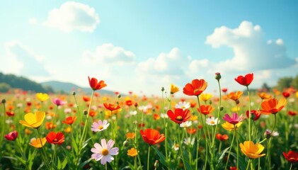 Field of vibrant wildflowers swaying in gentle breeze, field, meadow
