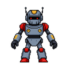 Pixel art robot character with red and yellow accents standing, transparent background, isolated, vector  