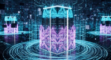 Abstract Data Cube with Oscillating Waveforms and Circular Light Trails