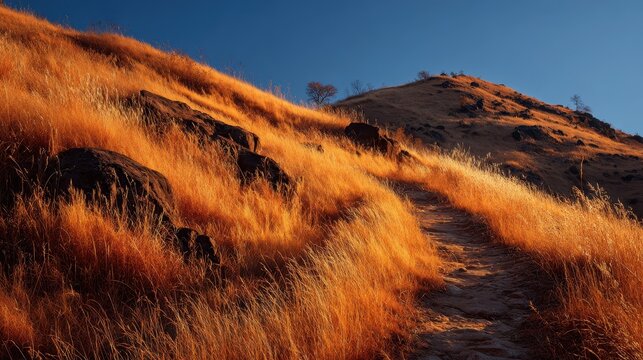 Golden hour sunlight paints a hillside trail lined with tall, dry grass in California's foothills during the late afternoon