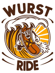 Wurst character riding a wave in an illustrated style