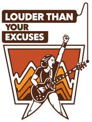 Rock guitarist performing passionately against geometric background