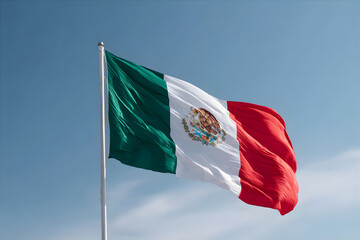Mexican flag waving boldly against a clear blue sky, symbolizing national pride and independence, for patriotism.