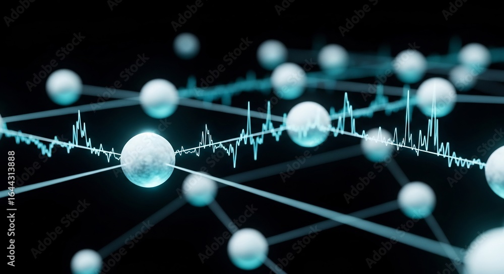 Poster abstract network of glowing spheres and fluctuating data lines