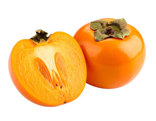 Fresh persimmon fruit whole and half isolated on transparent background