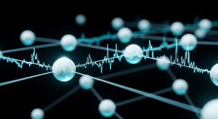 Abstract Network of Glowing Spheres and Fluctuating Data Lines