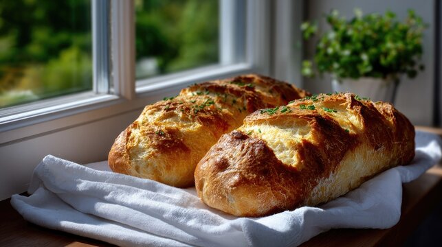 Warm baked artisanal bread loaves with green herbs on a white cloth on a rustic wooden table near a bright window with vibrant green nature outside, a delicious fresh local food