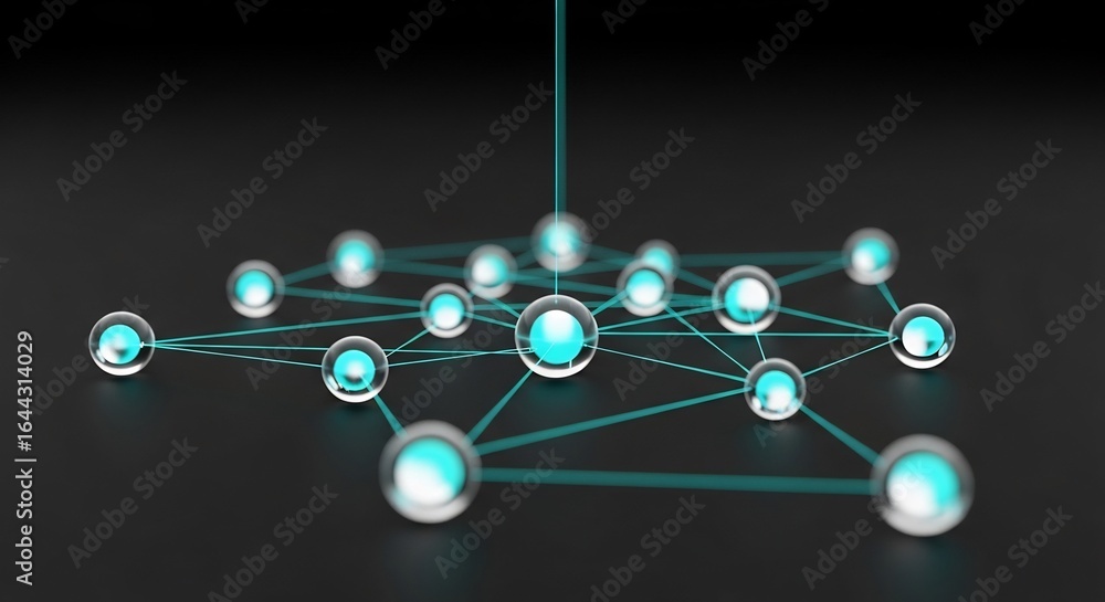 Poster abstract network of luminous spheres connected by teal lines on dark background