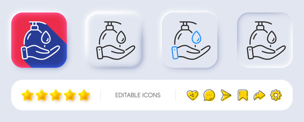 Wash hands line icon. Neumorphic, Flat shadow, 3d buttons. Covid hygiene sign. Washing liquid symbol. Line wash hands icon. Social media icons. Vector
