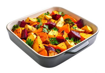 Roasted vegetables in metal baking dish isolated on transparent background