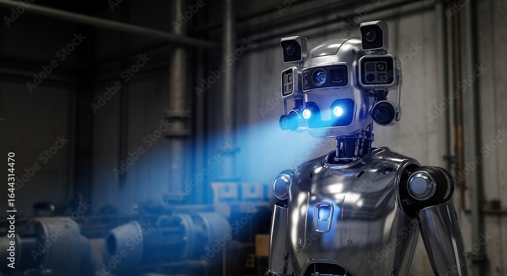 Poster advanced ai robot with multi-camera vision and luminous blue gaze in dark industrial setting
