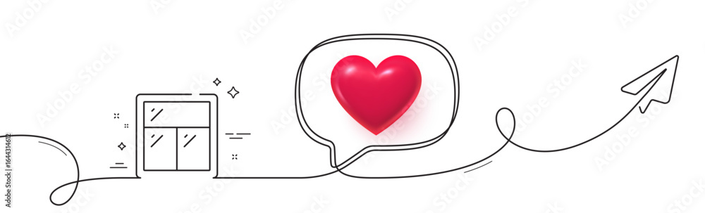 Poster window line icon. continuous line with share plane. glass frame sign. building window symbol. 3d hea