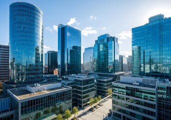 Modern Architecture in Brussels Belgium a Skyline of Glass Buildings and Reflections on a Sunny Day