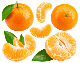 Fresh mandarins with peeled slices isolated on transparent background