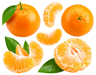 Fresh mandarins with peeled slices isolated on transparent background