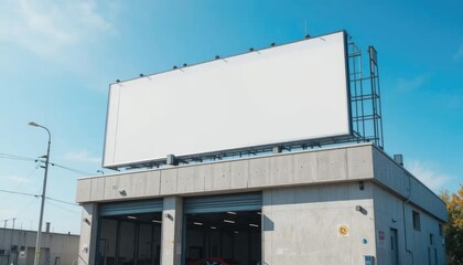 Obraz premium Exterior shot of a modern building with open garage doors and a large blank billboard.