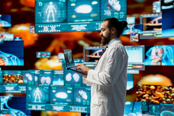 Medical specialist reviewing digital diagnostics and electronic records, symbolizing the...