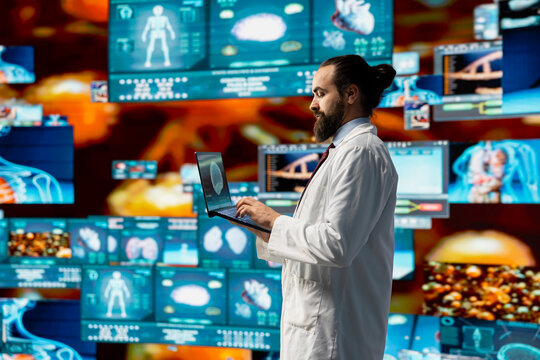 Medical specialist reviewing digital diagnostics and electronic records, symbolizing the integration of health tech, personalized patient care and a future in medical science. Breakthrough.