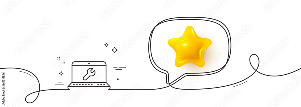 Poster spanner tool line icon. continuous line with 3d star. laptop repair service sign. fix instruments sy