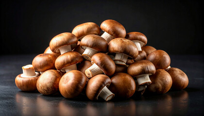 A large pile of fresh cremini mushrooms stacked on a dark background.