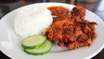 Ayam Penyet Smashed Fried Chicken with Sambal. Traditional Indonesian Food