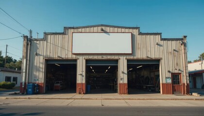 Obraz premium Building facade featuring a blank white sign under a red sign with the word 