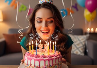 A Radiant Birthday Girl Celebrates Her 28th Surrounded by Festive Decorations and a Delicious Cake with Lit Candles