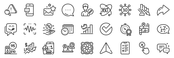 Deflation, Loan percent and Smartphone message line icons pack. Share, Message, Paper plane icons. Employees messenger, Video conference, Rise price web icon. Vector