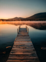 Fototapeta premium A quiet morning on the lake, with a wooden dock and rising mist. Photorealistic details highlight the soft light, calm water, and tranquil mood of sunrise.