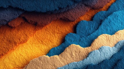 Abstract textural landscape with orange, yellow, blue and brown layers resembling sediment deposits