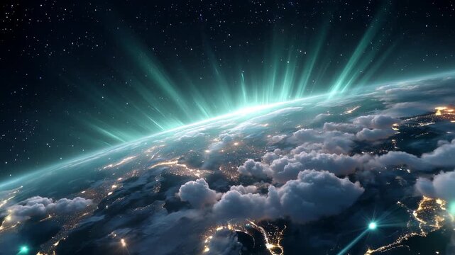 Awe-inspiring view of Earth from space showcases the mesmerizing aurora borealis dancing above North America. City lights twinkle through breaks in white, ethereal clouds blanketing atmosphere