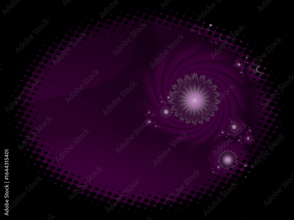 Poster fractal image in an oval frame with flowers on a dark background..template with place for inserting 