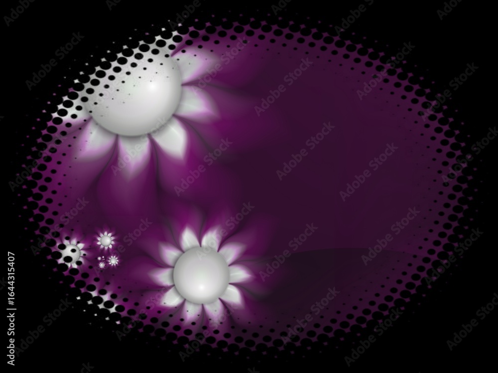 Poster fractal image in an oval frame with flowers on a dark background..template with place for inserting 