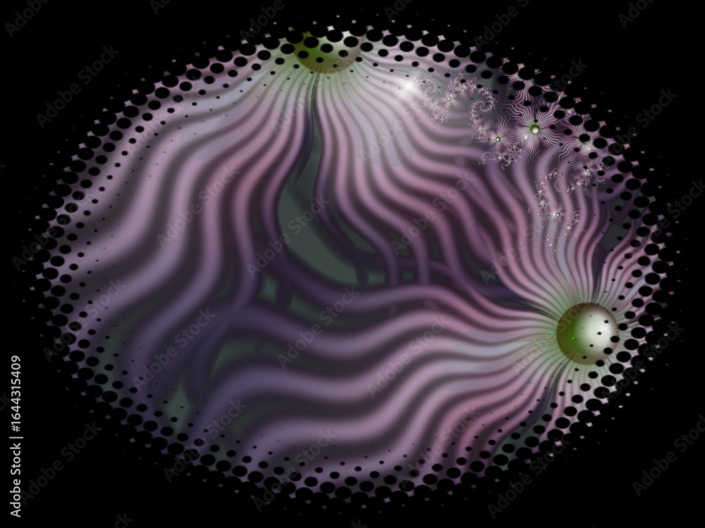Poster fractal image in an oval frame with flowers on a dark background..template with place for inserting 