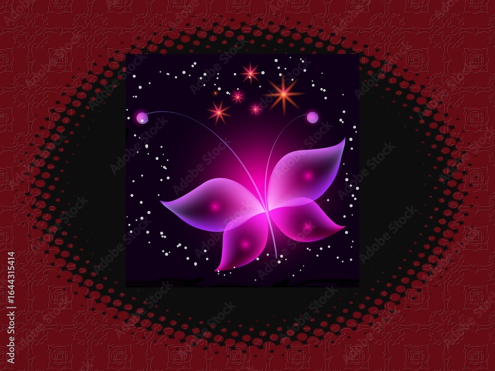 Poster fractal image in an oval frame with flowers on a dark background..template with place for inserting 