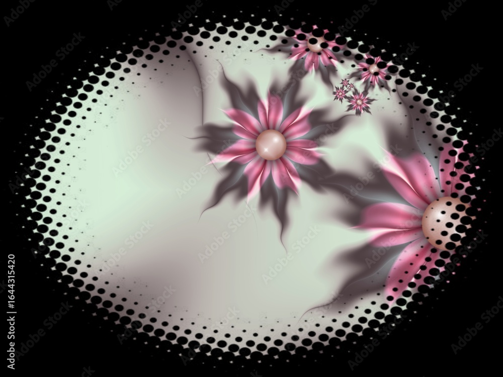Aufkleber fractal image in an oval frame with flowers on a dark background..template with place for inserting 