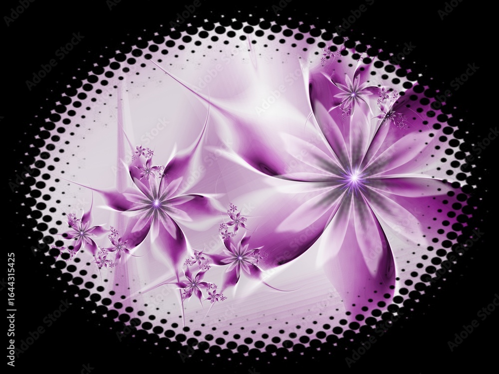 Poster fractal image in an oval frame with flowers on a dark background..template with place for inserting 