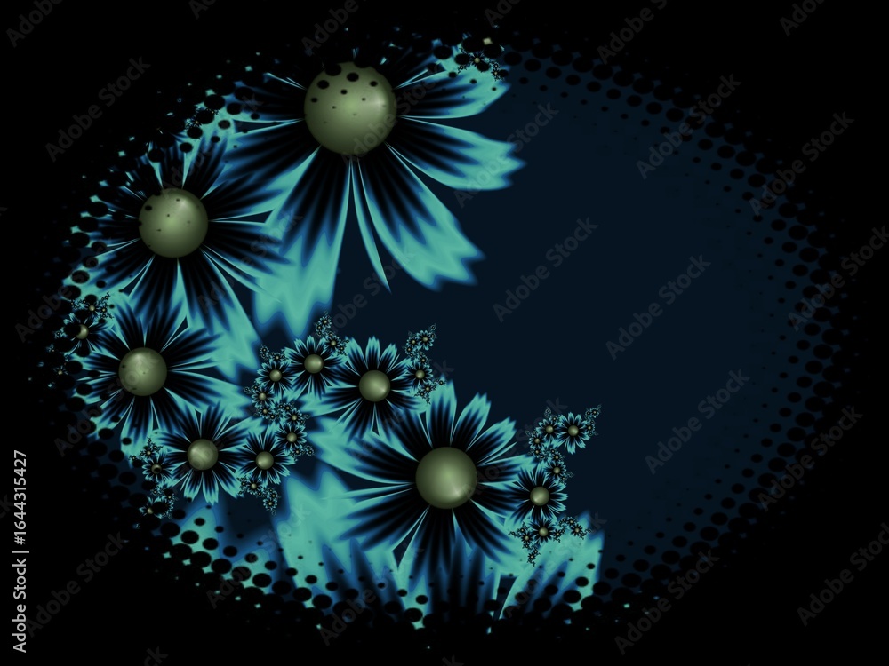 Poster fractal image in an oval frame with flowers on a dark background..template with place for inserting 