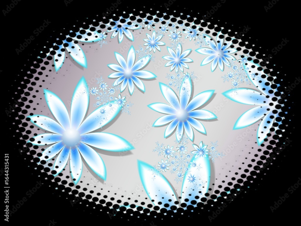 Poster fractal image in an oval frame with flowers on a dark background..template with place for inserting 