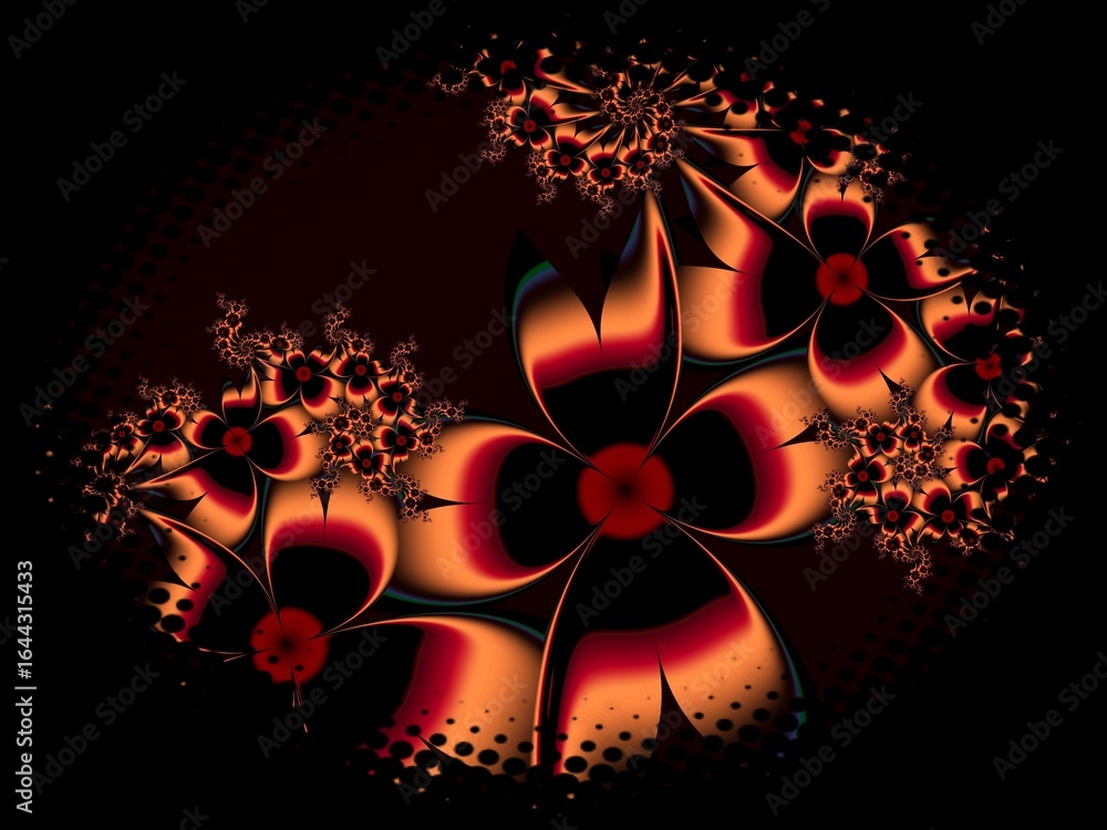 Poster fractal image in an oval frame with flowers on a dark background..template with place for inserting 