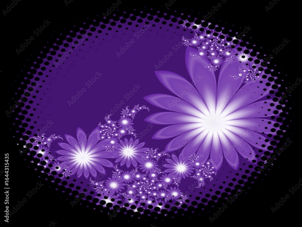 Poster fractal image in an oval frame with flowers on a dark background..template with place for inserting 