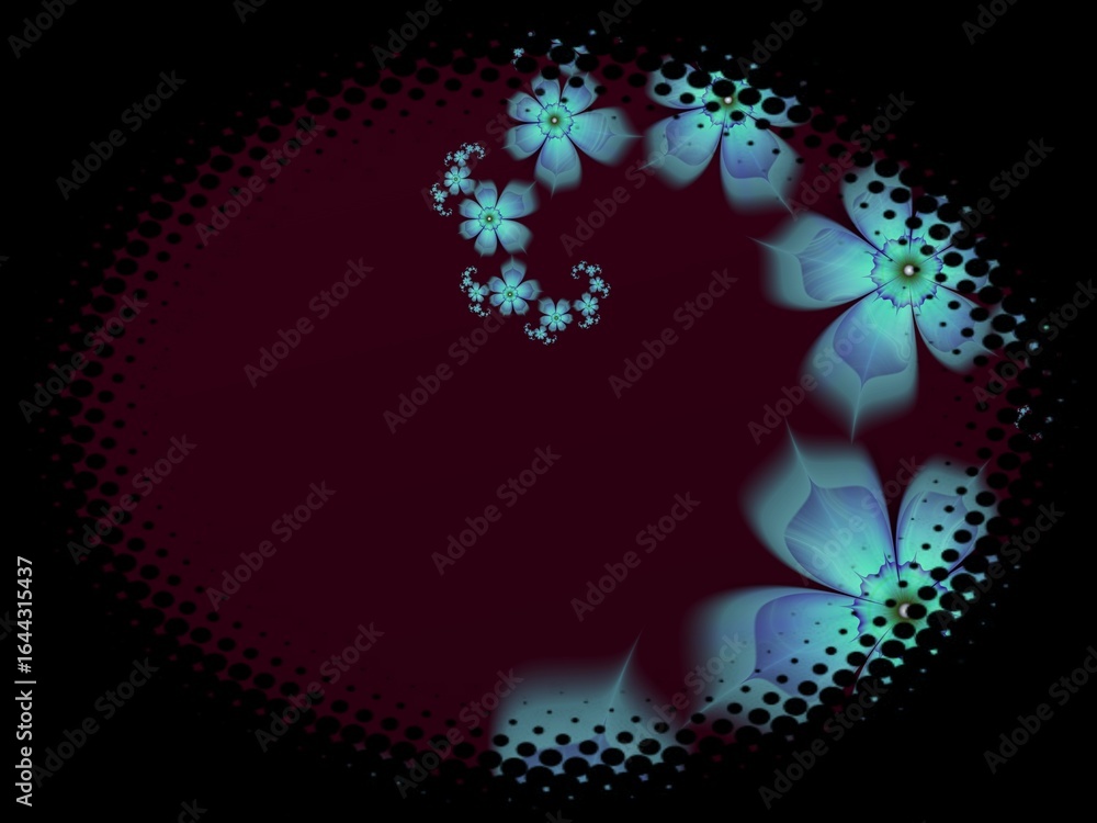 Poster fractal image in an oval frame with flowers on a dark background..template with place for inserting 